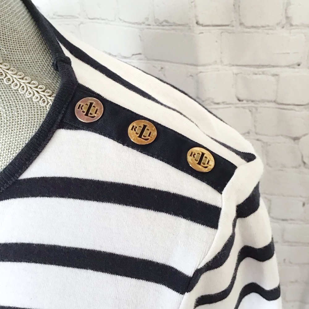 LAUREN RALPH LAUREN Nautical Striped Cotton Long Sleeve Top Button Shoulder - Picture 7 of 12